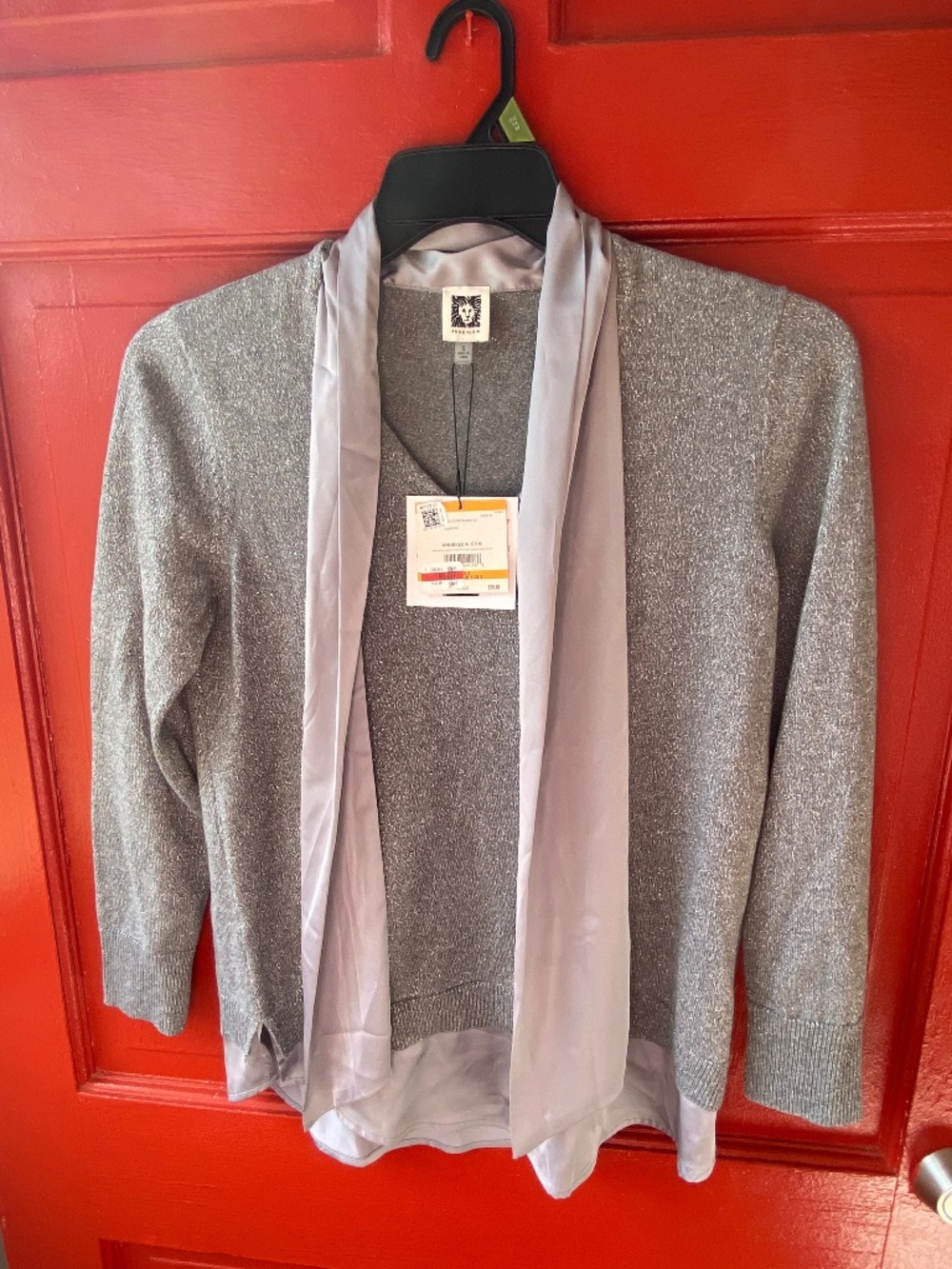 Anne Klein Silver Sparkle Knit Sweater with Chiffon Bow Tie Neck NWT